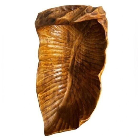 Hand Crafted Other - Handmade vintage wood leaf large bowl with handle